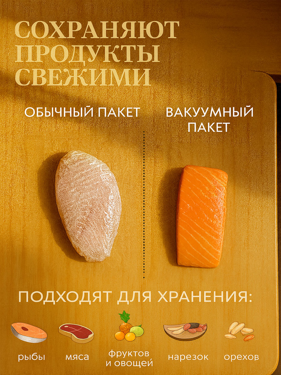 Вакуумная упаковка мяса и рыбы в гладких пакетах