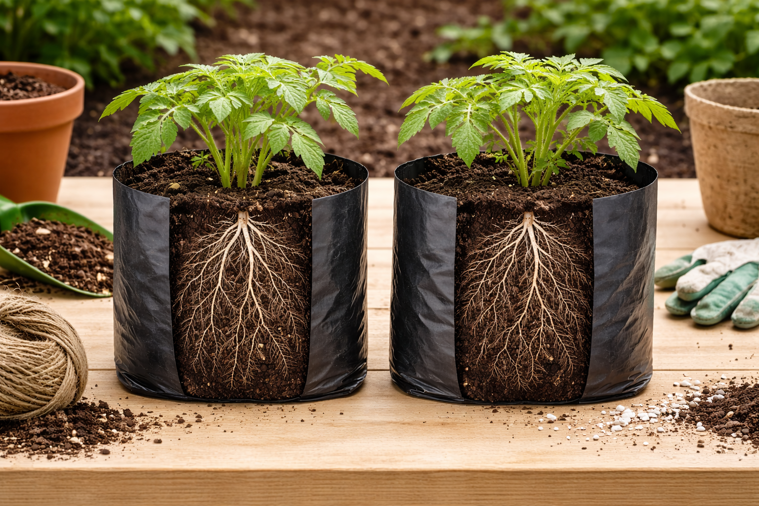 Саженцы в пакетах для рассады на столе перед пересадкой